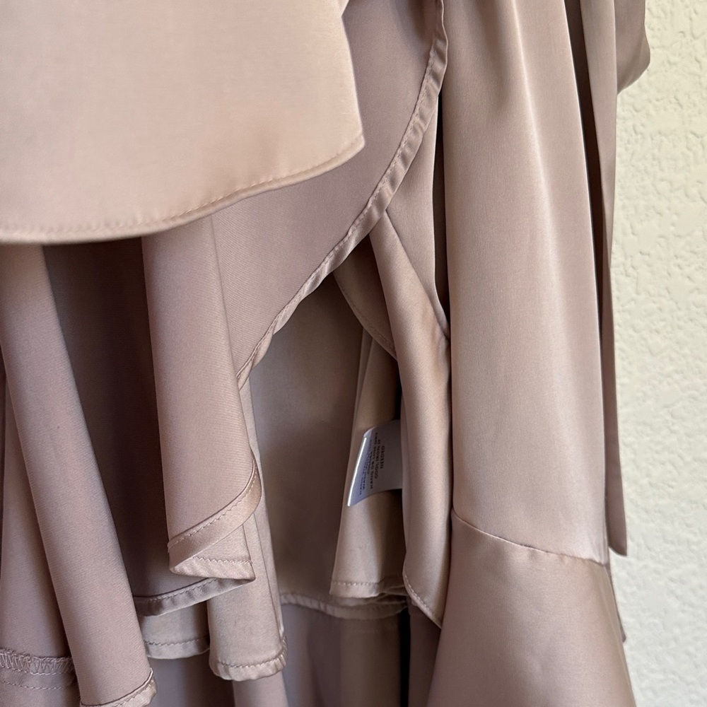 Satin‎ Wrap Dress in Champagne With Ruffled Asymmetric Hem - Picture 7 of 16